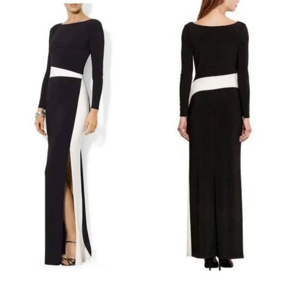 Lauren Ralph Lauren Dark Navy Cream Colorblock Maxi Gown 8 Long Sleeve Elegant - Picture 2 of 12